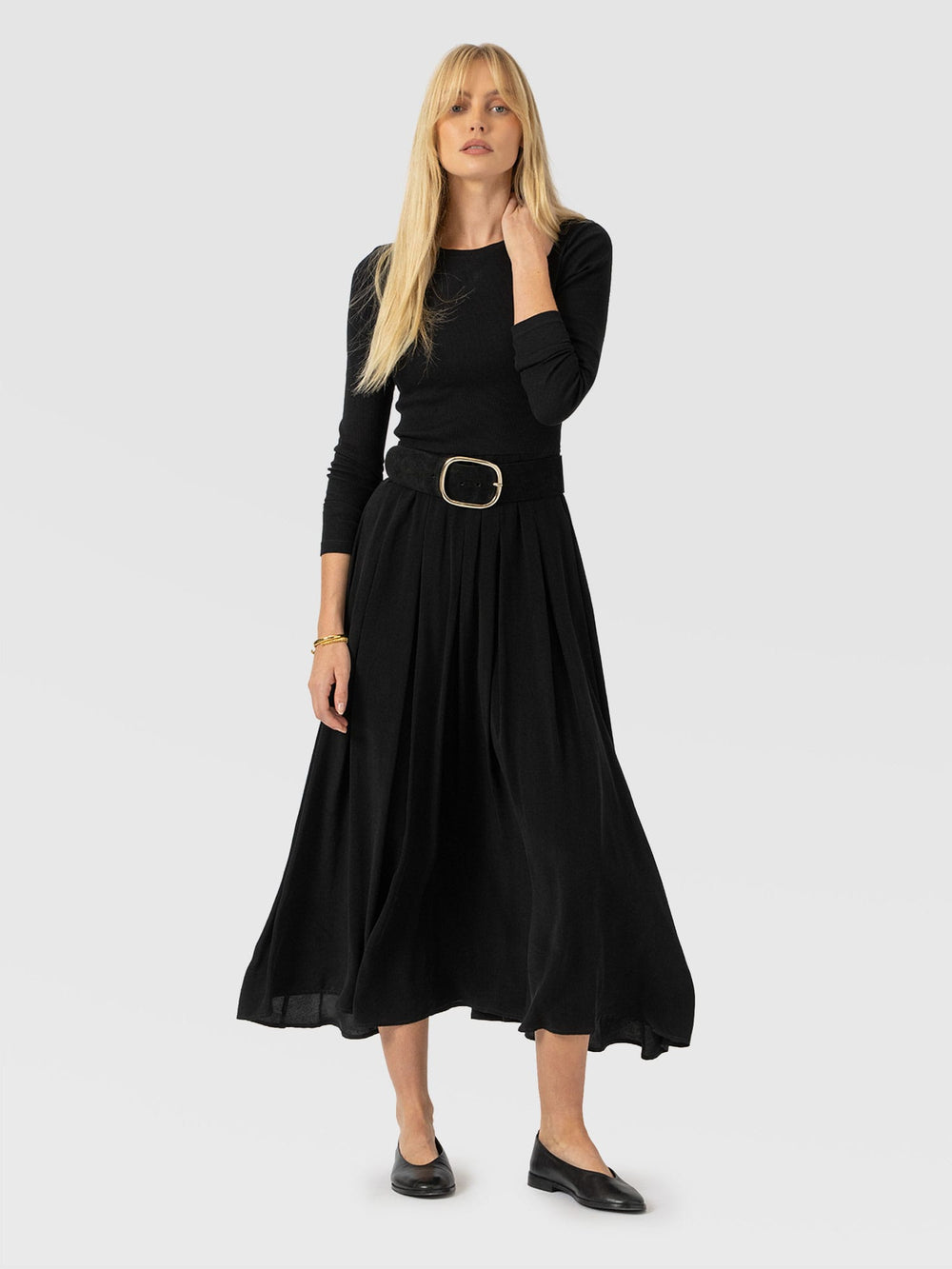 Renee Contrast Long Sleeve Dress A two-in-one effect dress with a softly pleated skirt